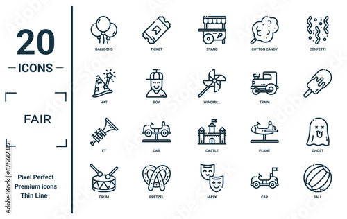 fair linear icon set. includes thin line balloons, hat, et, drum, ball, windmill, ghost icons for report, presentation, diagram, web design