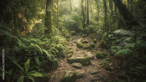 hiking trail meandering through lush rainforest.