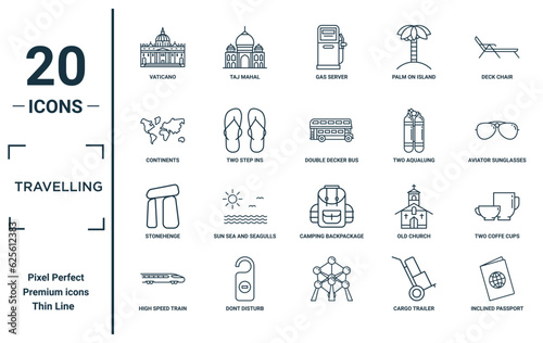 travelling linear icon set. includes thin line vaticano, continents, stonehenge, high speed train, inclined passport, double decker bus, two coffe cups icons for report, presentation, diagram, web