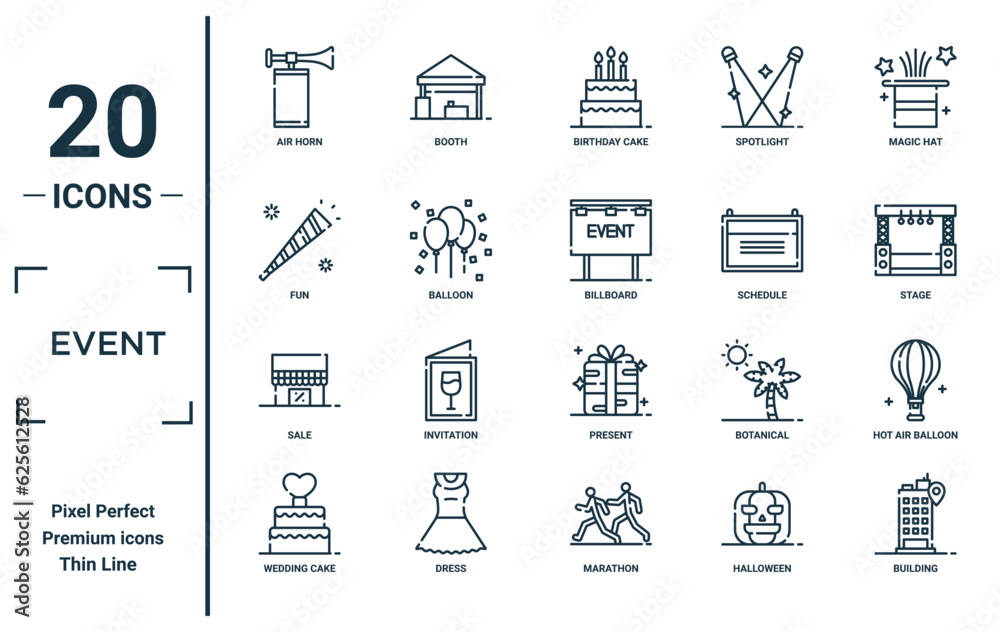event linear icon set. includes thin line air horn, fun, sale, wedding ...
