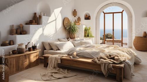 arquitectura interior de una habitacion en una casa tipica blanca ibicenca, con muebles y decoracion natural, mimbre y madera. Ilustracion de ia generativa photo