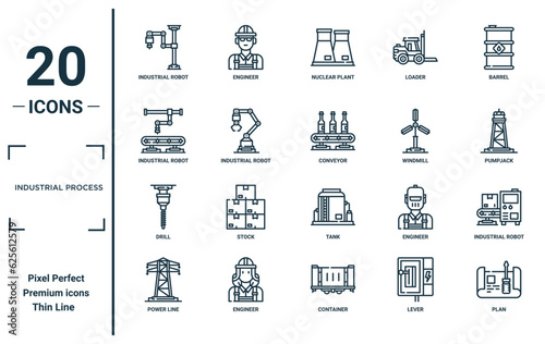 industrial process linear icon set. includes thin line industrial robot, industrial robot, drill, power line, plan, conveyor, robot icons for report, presentation, diagram, web design