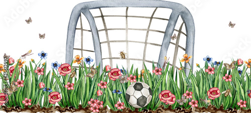 Football ball on the grass watercolor illustration. Design for baby shower party, birthday, cake, holiday celebration design , post cards.