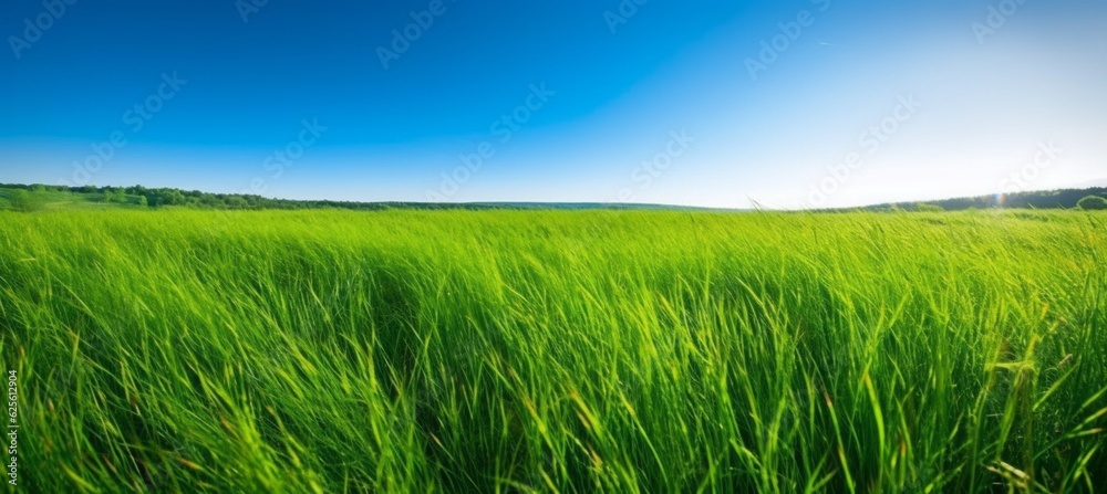 Fototapeta premium Nature green grass field landscape background. Generative AI technology.