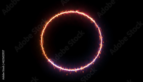 Sparkly, abstract circular light motion effect over a dark background. Black background with Abstract Light Effect Element Design. A circle of rays emanating from a fire neon light. Isolated frame 
