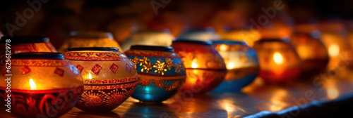 Diwali Hindu Festival of lights celebration. Burning diya lamp close up  bokeh lights background