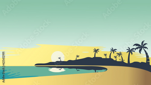 Vector ocean sunset scenery. Colorful tropical beach landscape 