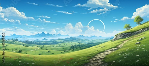 Green grass hill landscape with clear blue sky. Generative AI technology.