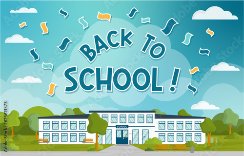 Back to school - Illustration and title - Editable vector file - School building and tree garden - Blue sky - Back to school - Classroom