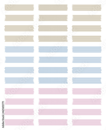 Set of paper sheets. Pieces of decorative tape for scrapbooks. Washi tapes collection in vector. Ripped paper. Torn pieces of paper from a notebook in a cell and in a line. Pink, blue, brown 