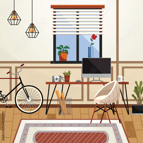 Home office interior. Vector illustration. Freelancer working from home place, convenient workplace Home office workplace Self employed concept Minimalist work space Remote working from home or any