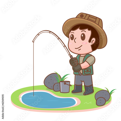 Free vector happy kid fishing cartoon character