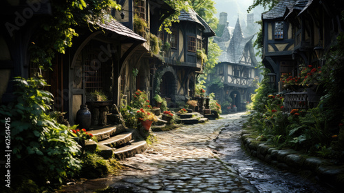 A little town and a few flowers growing near the street, in the style of german romanticism. Generative AI
