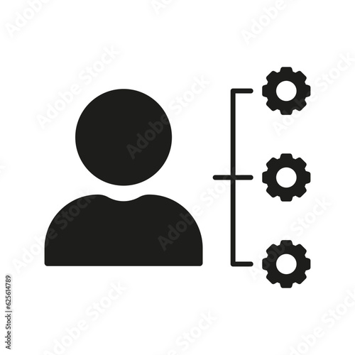 Employee Responsibility, Person with Gears Silhouette Icon. Management, Business Operation Glyph Pictogram. Marketing Strategy Solid Sign. Flowchart Symbol. Isolated Vector Illustration