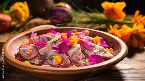 Ceviche de Camar  n  showing its juicy texture and vibrant flavor profile  complemented by corn chips on a rustic background