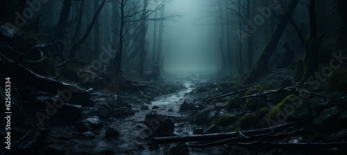 Scary forest horror melancholic dark background. Generative AI technology.