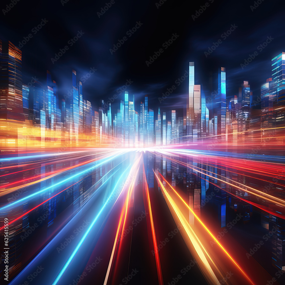 Obraz premium abstract futuristic background with red, yellow, blue glowing neon moving high speed wave lines and bokeh lights. Data transfer concept Fantastic wallpaper, Ai Generative