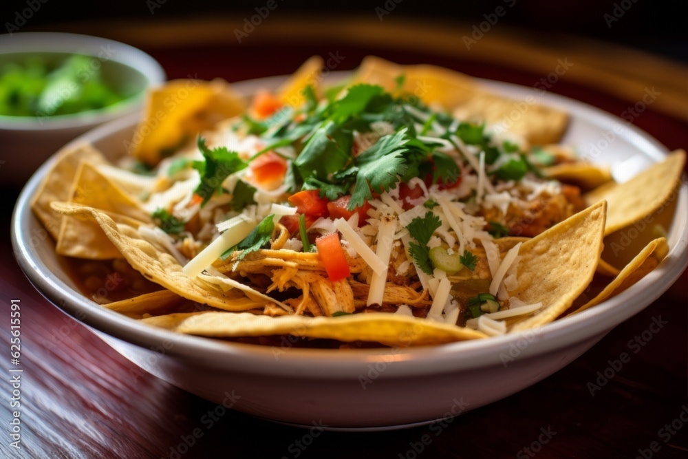 bowl of Tortilla Soup garnished with fresh cilantro, shredded cheese, and crispy tortilla strips