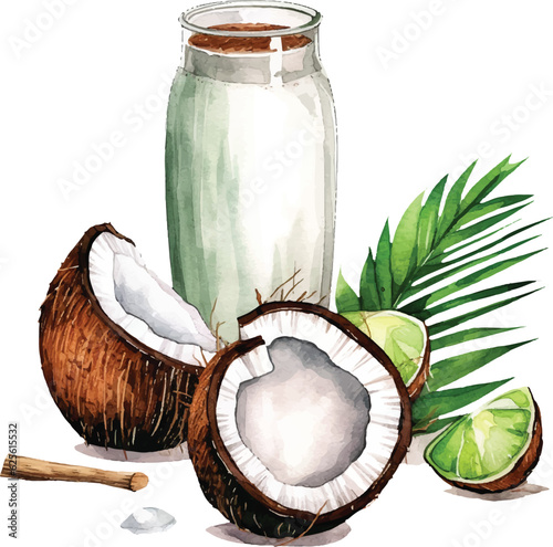 Watercolor Coconut milk vector illustration. Realistic composition of milk bottle with coconuts and palm leaves on white background