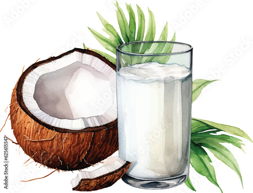 Watercolor Coconut milk vector illustration. Realistic composition of milk glass with coconuts and palm leaves on white background