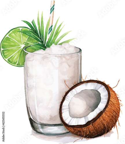 Watercolor Coconut milk vector illustration. Realistic composition of milk glass with coconuts and palm leaves on white background