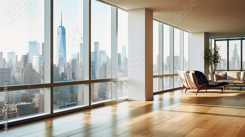 modern interior of a room in new york city overlooking the freedom tower