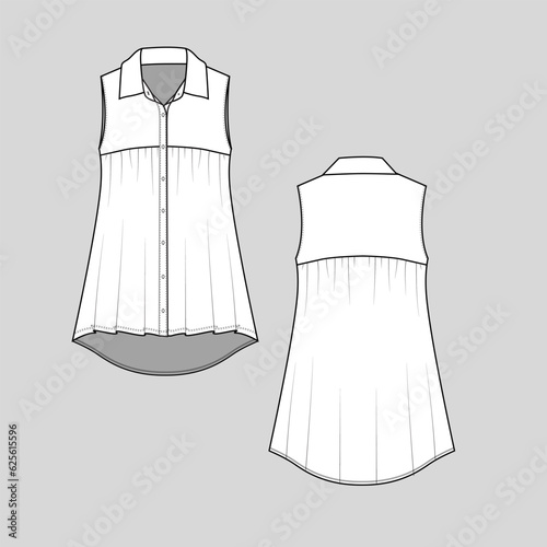 Women Lapel sleeveless Collar shirt full open button panel gathering dip hem top Blouse Fashion Flat sketch technical drawing template cad mock up Design Vector
