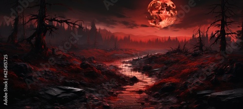 Photo Full moon red forest horror melancholic dark night background