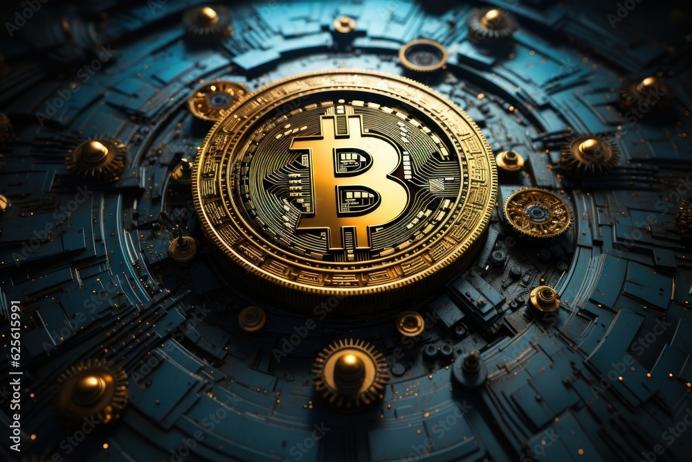 Bitcoin Abstract Art. Abstract art of bitcoin background.  Bitcoin. Crypto. Cryptocurrency Golden Bitcoin Coin. Blockchain. Made With Generative AI. 
