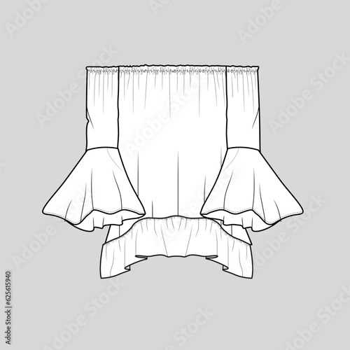 Women Bell flounce Sleeve off shoulder gathering Ruffles hem fashion top blouse mock up technical drawing flat sketch design vector