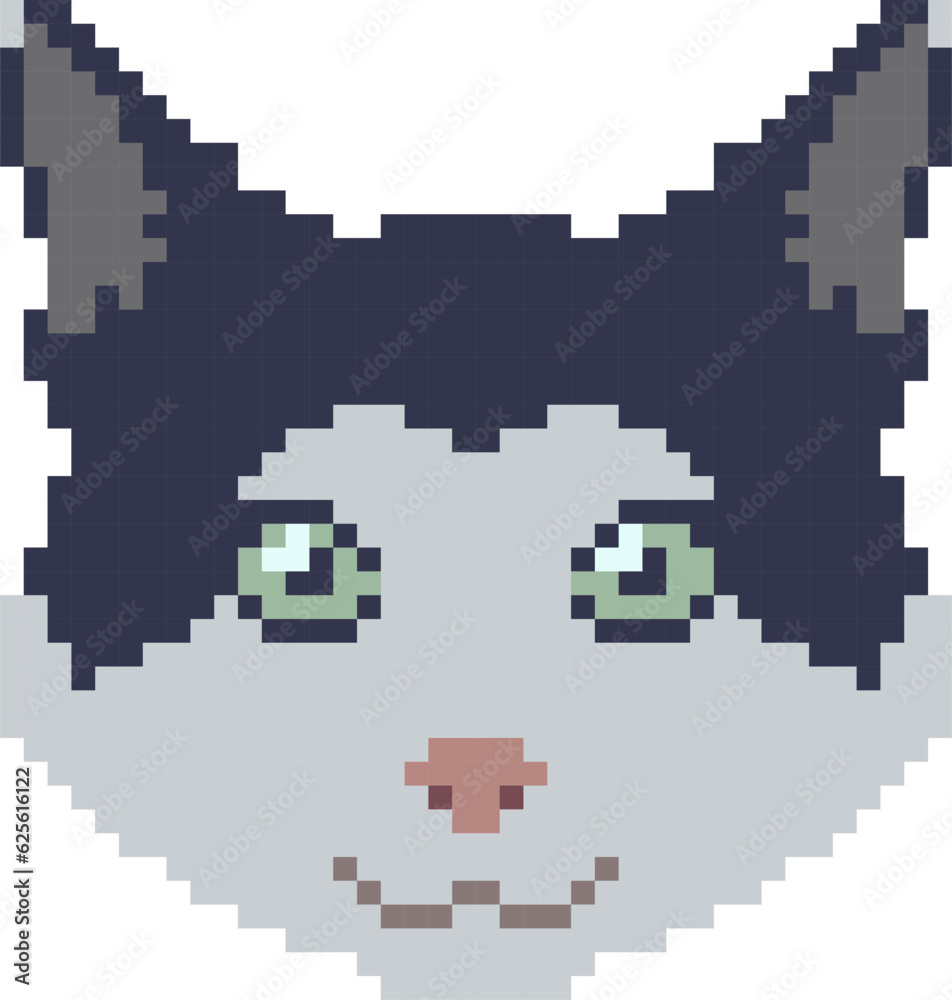 Pixel art cat face. Pet animal vector illustration.