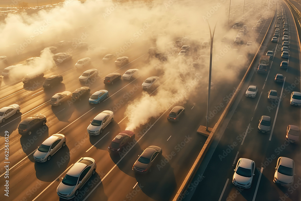 Φωτογραφία Highway surrounded by heavy car traffic with exhaust fumes around