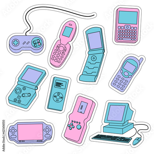 Set of retro games, consoles, mp3 player, flip phone, computer. 2000s style technology. Old style gadgets. Nostalgia set of 1990s, 2000s electronics devices. Y2K and retrowave style stickers photo