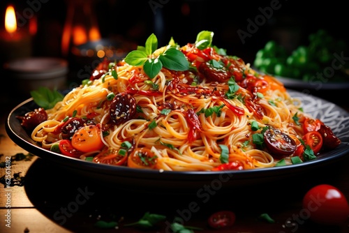 Embark on a Gastronomic Adventure with Juicy and Crunchy Spaghetti. On the Table, a Healthy Meal Awaits, Brimming with Balanced Nutrition and a Symphony of Mouthwatering Flavors. AI Generated