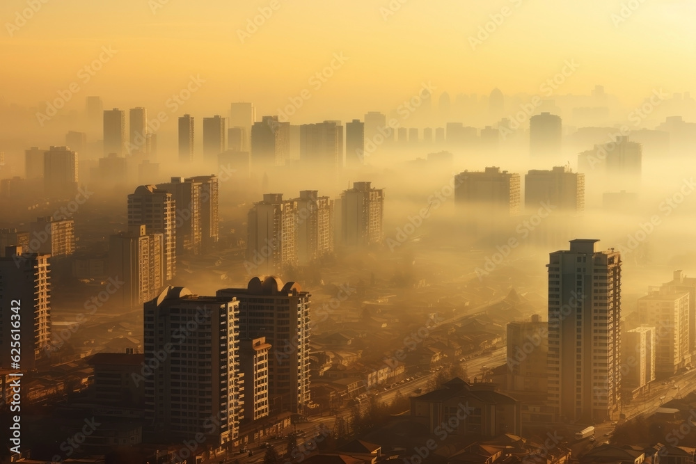Fototapeta premium A city shrouded in smog and polluted air. The problem of emissions of cars with internal combustion engines, the work of chemical plants and non-environmental industry. Aerial view