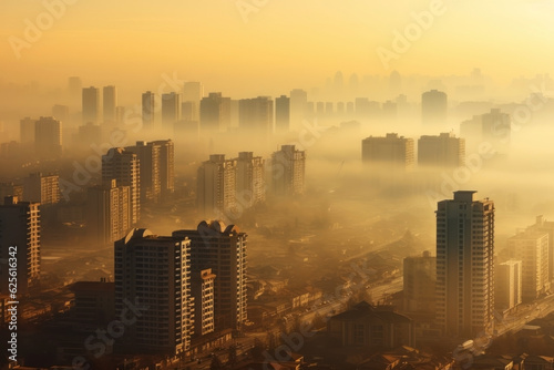 A city shrouded in smog and polluted air. The problem of emissions of cars with internal combustion engines  the work of chemical plants and non-environmental industry. Aerial view