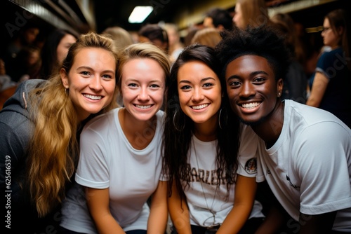 Friendship Across Cultures: Enjoy the Heartwarming Scene of Diverse Friends Gathered at a Basketball Game. Their Supportive Presence and Laughter Illustrate the Power of Inclusivity. AI Generated