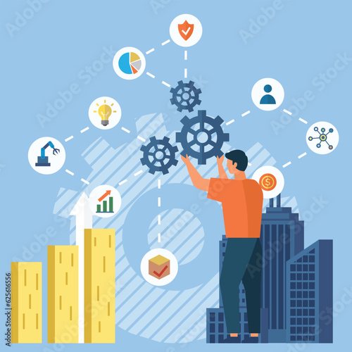 Automation business. Vector illustration. Technology for SEO, internet, digital business content Smart industrial revolution, automation, robot assistants, iot, cloud and bigdata Supporting industrial