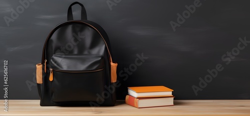 School bag. Backpack with supplies for school on the background of black blackboard AI GENERATIVE