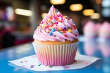 Illustration of colorful cupcakes with pink frosting and sprinkles created with Generative AI technology