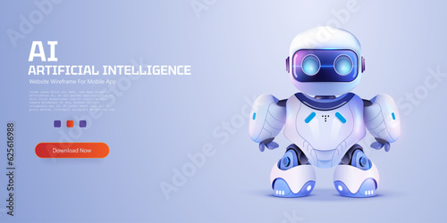 AI technology posters with cute robot character. Funny ai character for education. Communication technology mascot. Isolated cute neon cartoon robot. AI Content Generator. Chatbot technology.