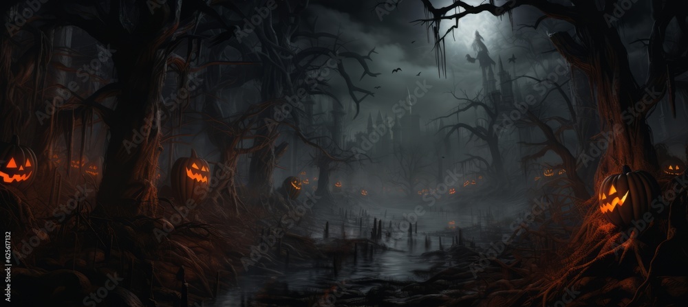 Obraz premium Halloween horror forest melancholic dark background. Generative AI technology.