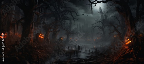Halloween horror forest melancholic dark background. Generative AI technology. © Hero Design