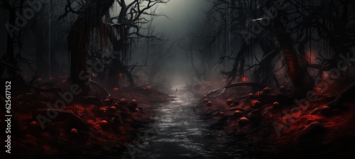 Dark haunted horror forest melancholic background. Generative AI technology.