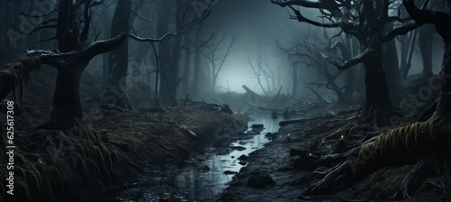 Haunted horror forest melancholic dark background. Generative AI technology.