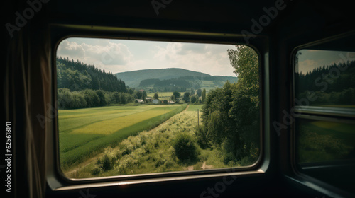 Landscape beautiful view out of window from riding train among summer nature with hills.