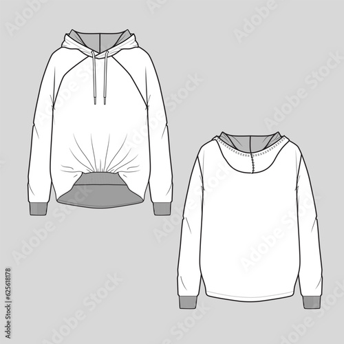 Womens hem Fashion raglan hoodie Sweatshirt cuff rib with gathering detail dip hem long sleeve cad mock up flat sketch technical drawing template design vector