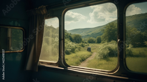 Landscape beautiful view out of window from riding train among summer nature with hills. © Matthew