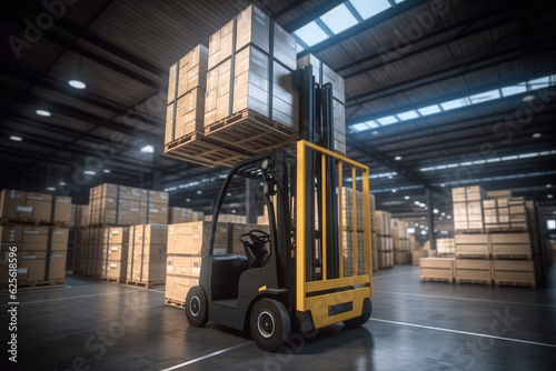 Forklift in warehouse, Boxes are on the shelves of the warehouse, Warehousing, machinery concept, Logistics in stock. © visoot