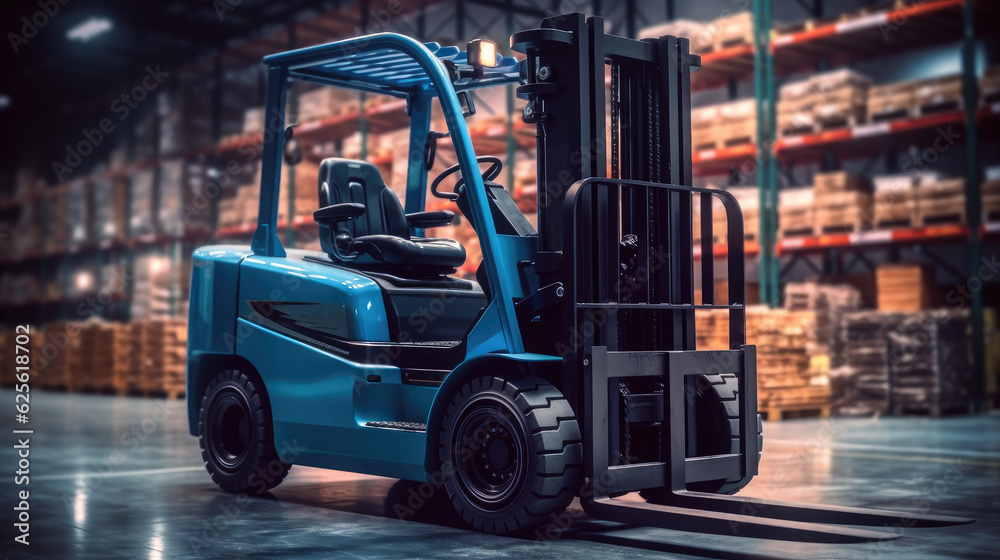 Forklift in a warehouse next to pallets, Warehouse center, Pallets with boxes in building.